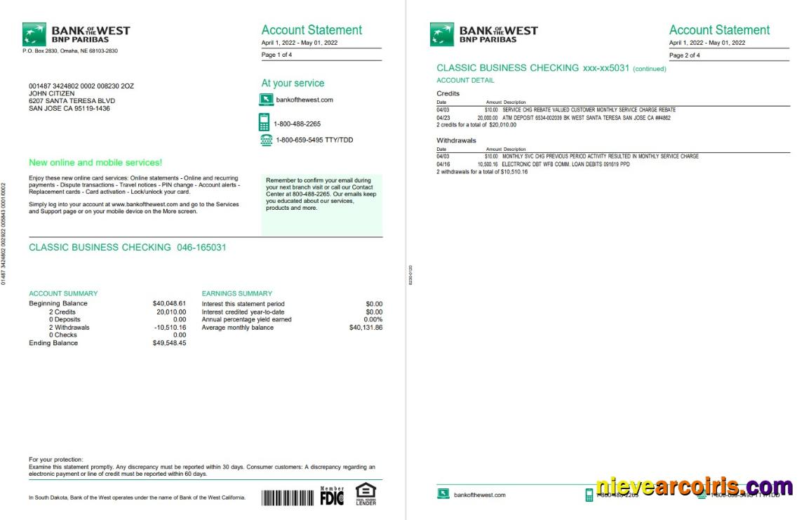 France BNP bank statement 4 pages